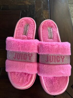 Juicy Couture Bright Pink Fuzzy Rhinestone Logo Slide Slippers